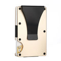 Mens RFID blocking slim money clip wallet in aluminium and stainless steel, 86 x 55 x 8mm, holds 1-12 cards, gold blue black