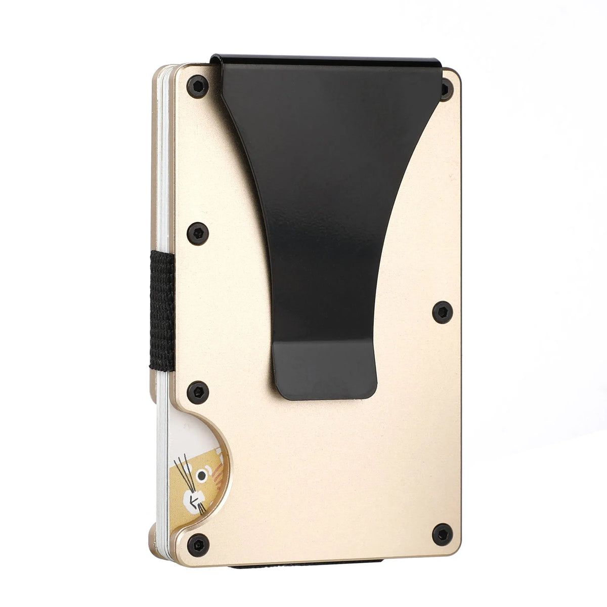 Mens RFID blocking slim money clip wallet in aluminium and stainless steel, 86 x 55 x 8mm, holds 1-12 cards, gold blue black