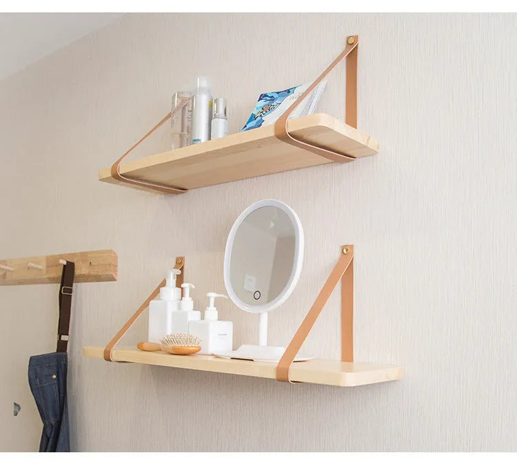 Natural pine wood wall mounted storage rack shelf, 50cm wide, for organising books and small items.