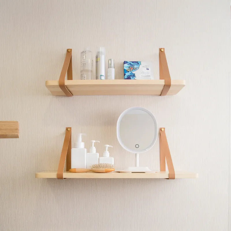 Natural pine wood wall mounted storage rack shelf, 50cm wide, for organising books and small items.
