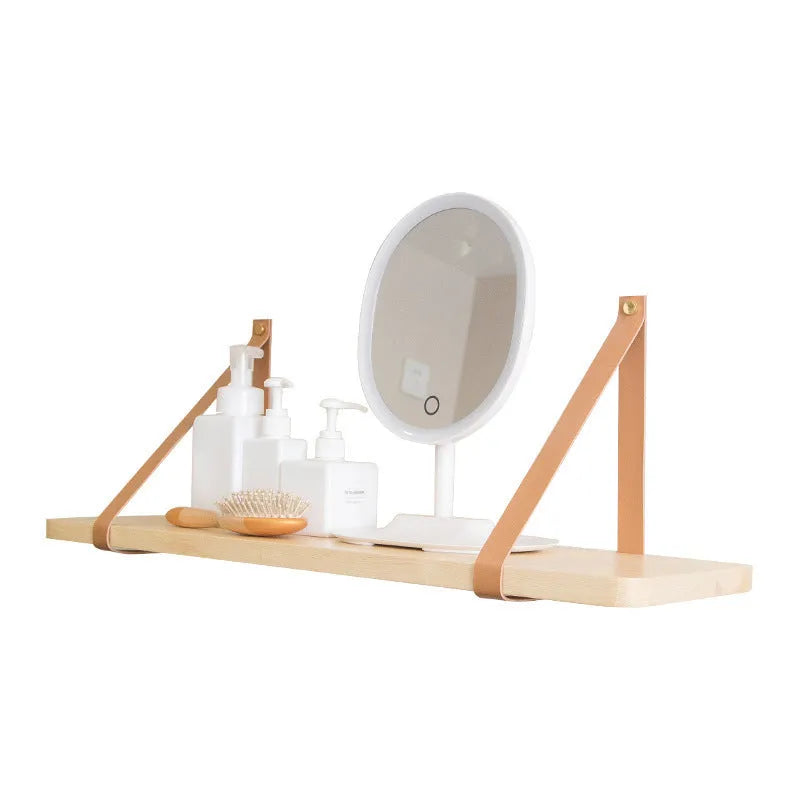 Natural pine wood wall mounted storage rack shelf, 50cm wide, for organising books and small items.