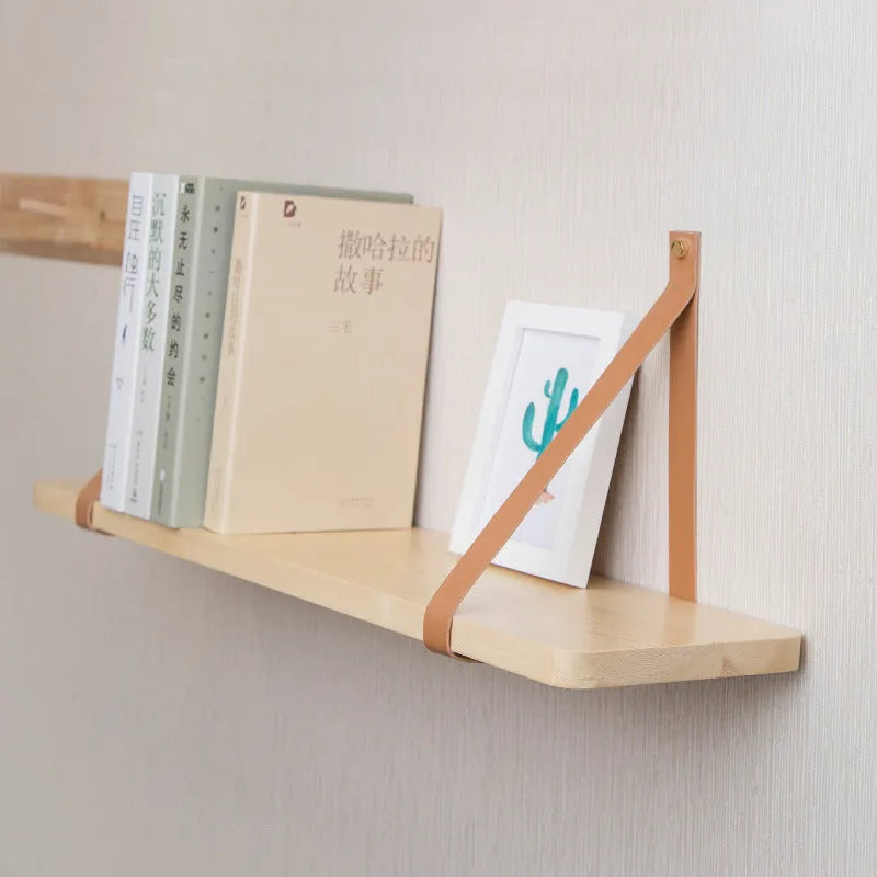 Natural pine wood wall mounted storage rack shelf, 50cm wide, for organising books and small items.
