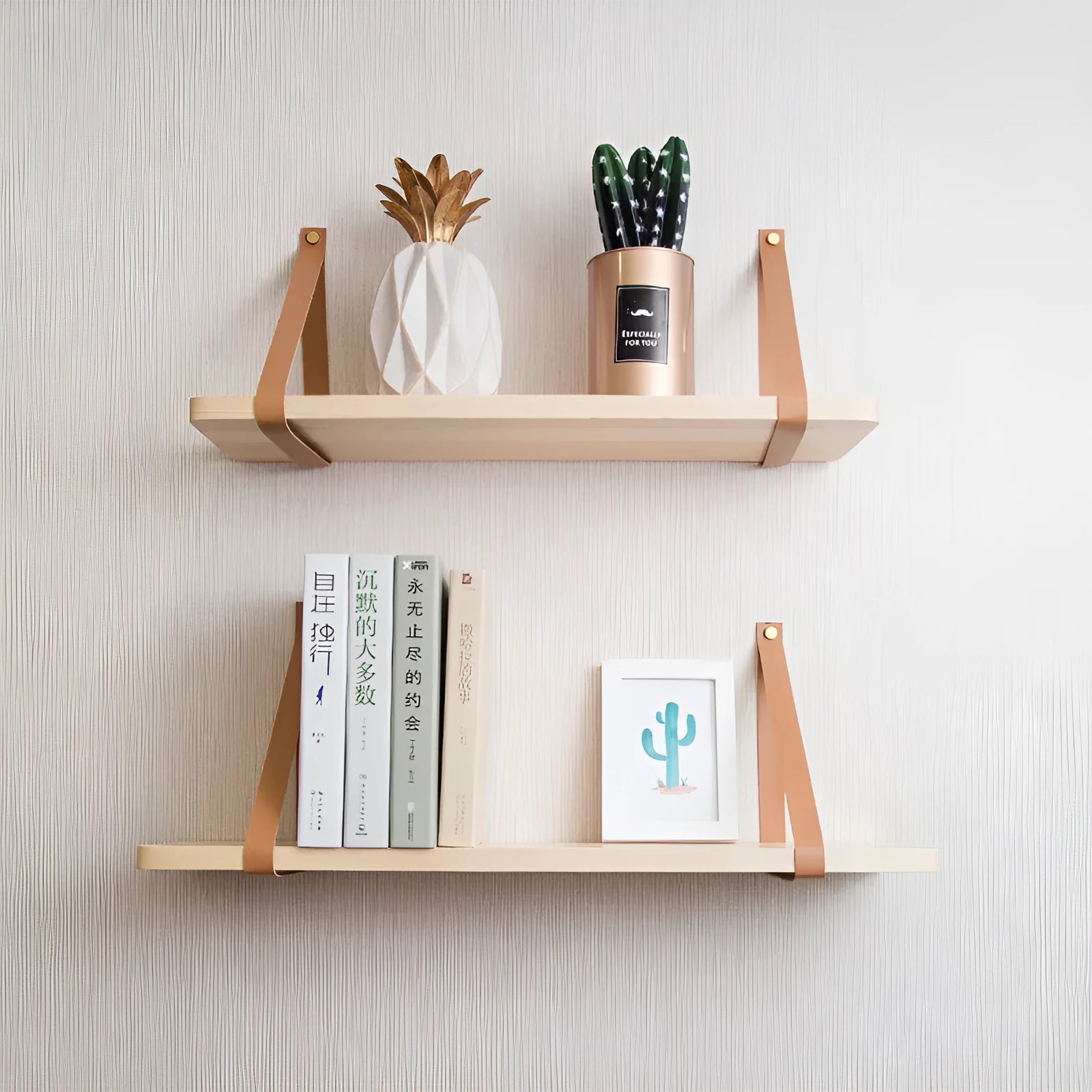 Natural pine wood wall mounted storage rack shelf, 50cm wide, for organising books and small items.