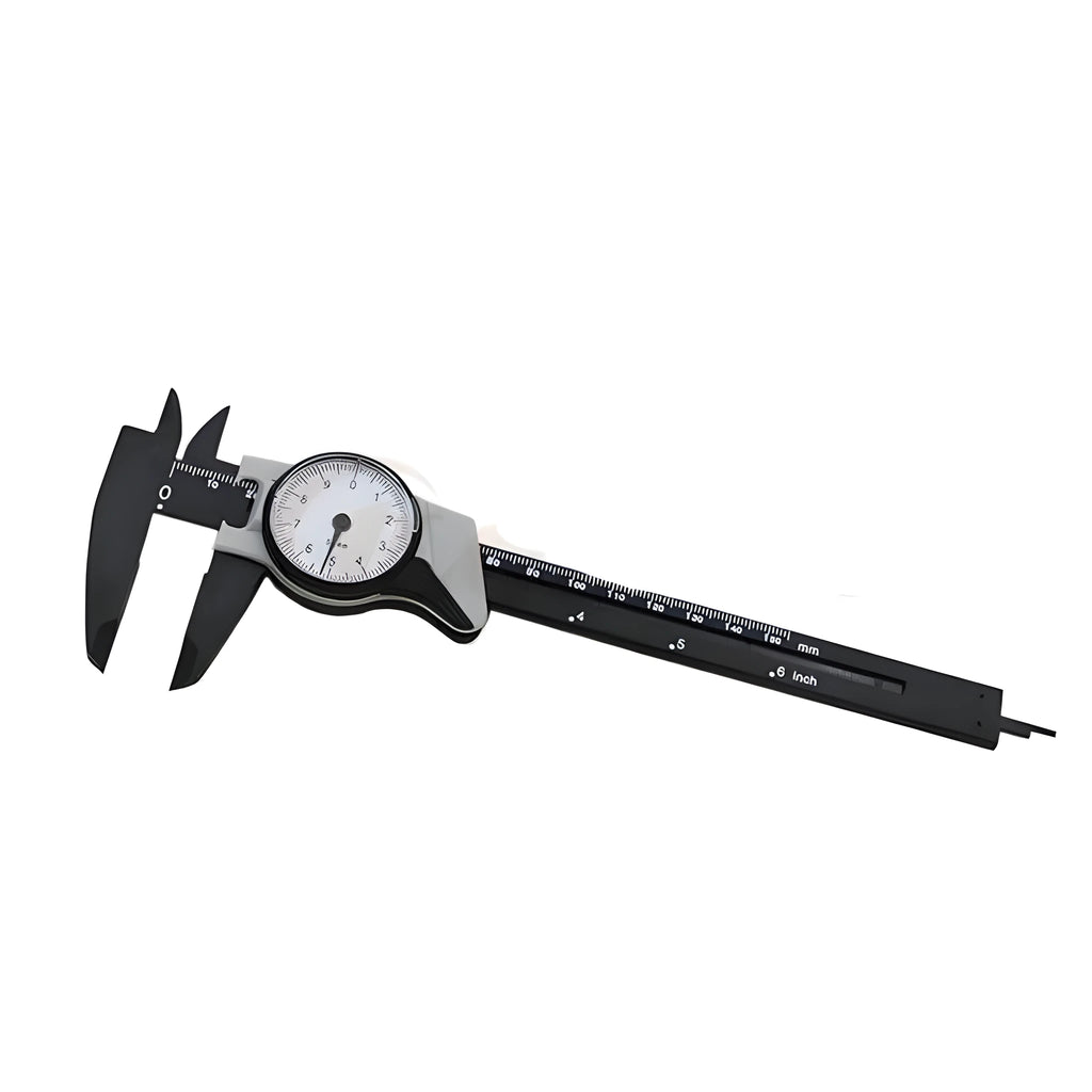 Black and white plastic vernier caliper showing 0-150mm scale with 0.1mm graduations.