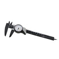 Black and white plastic vernier caliper showing 0-150mm scale with 0.1mm graduations.