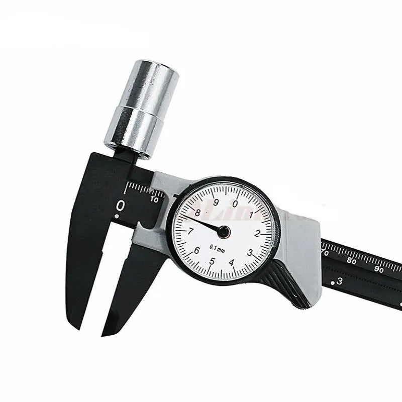 Black and white plastic vernier caliper showing 0-150mm scale with 0.1mm graduations.