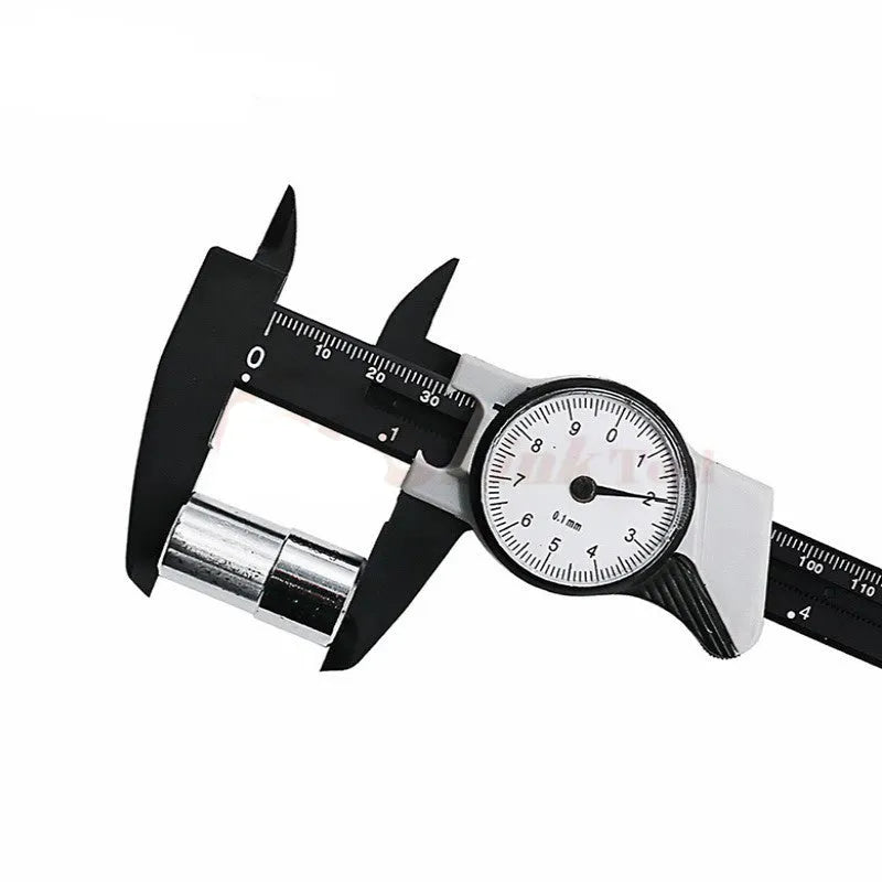 Black and white plastic vernier caliper showing 0-150mm scale with 0.1mm graduations.