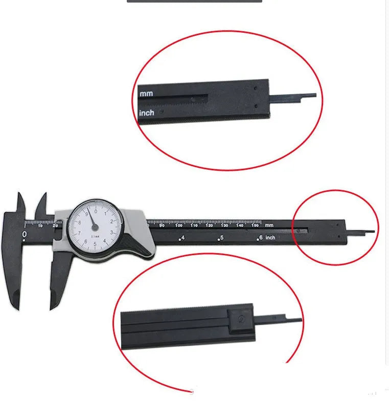 Black and white plastic vernier caliper showing 0-150mm scale with 0.1mm graduations.