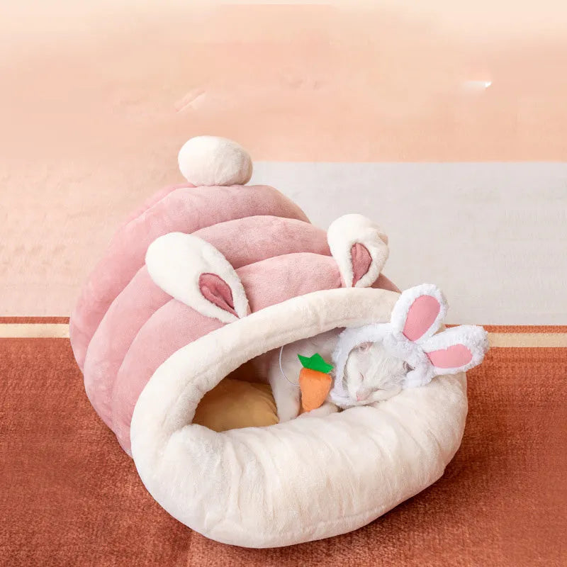 Soft PP cotton cat bed in Bread Tiger colour with inside cushion on a wooden floor