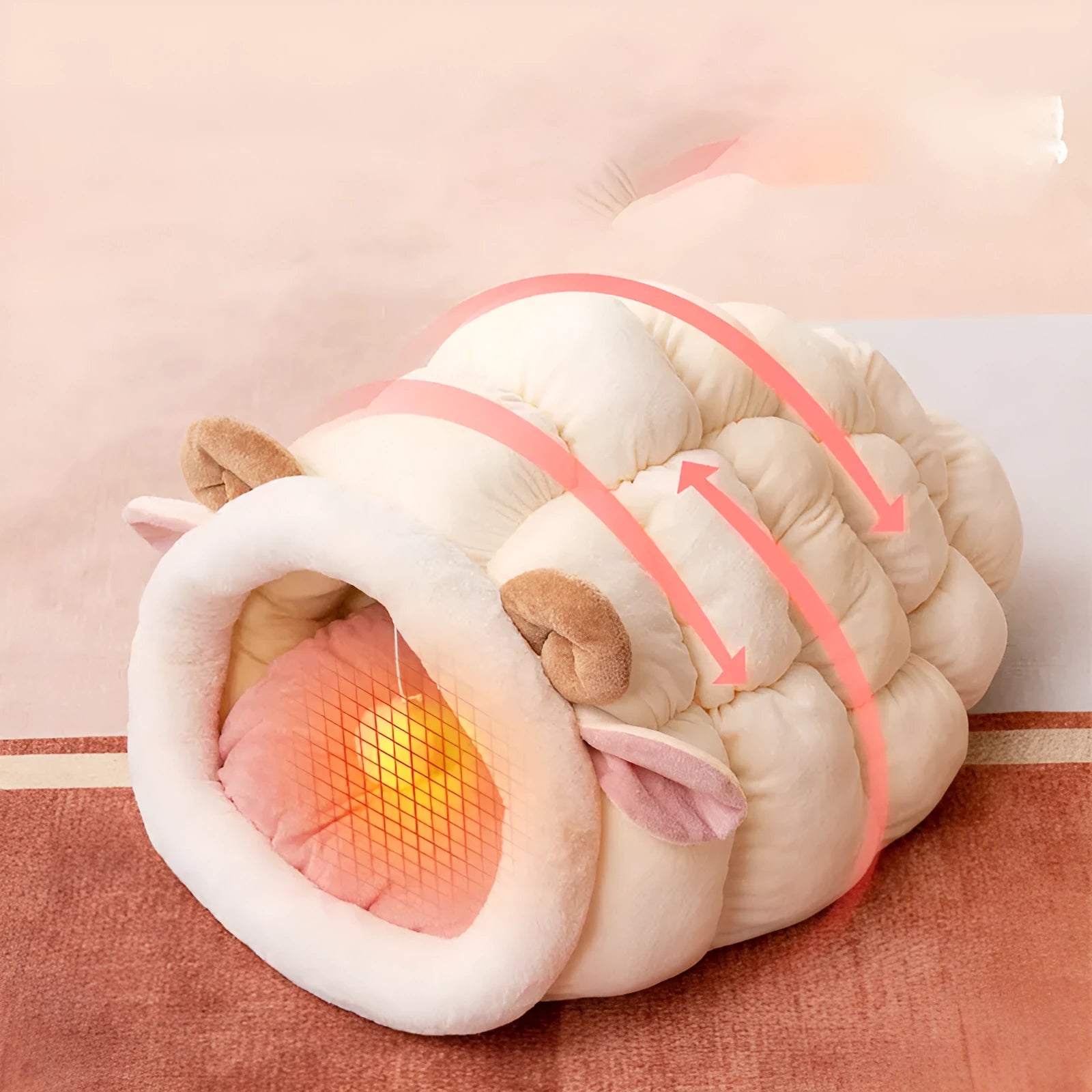 Soft PP cotton cat bed in Bread Tiger colour with inside cushion on a wooden floor