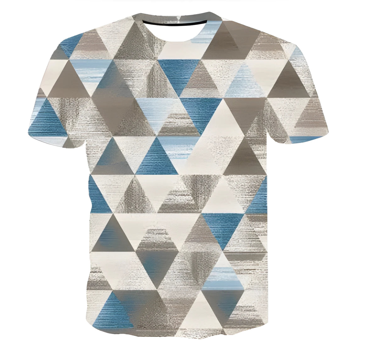 Men's brown inverted triangle short sleeve T-shirt with 3D print, round neck, loose fit, cotton blend silk fabric.