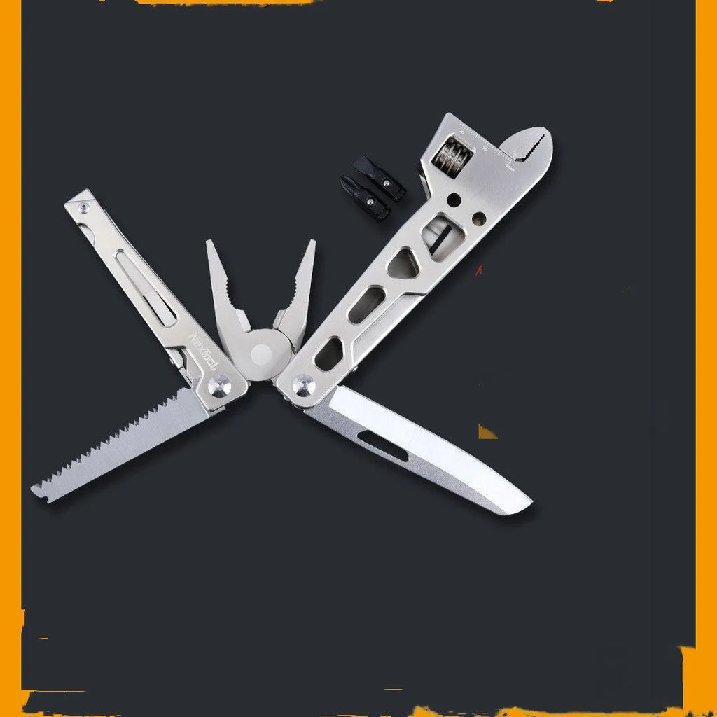 Stainless steel multi-function wrench tool with integrated knife and needle-nose pliers.