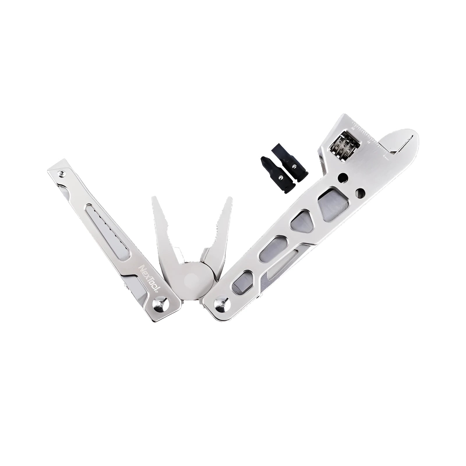 Stainless steel multi-function wrench tool with integrated knife and needle-nose pliers.