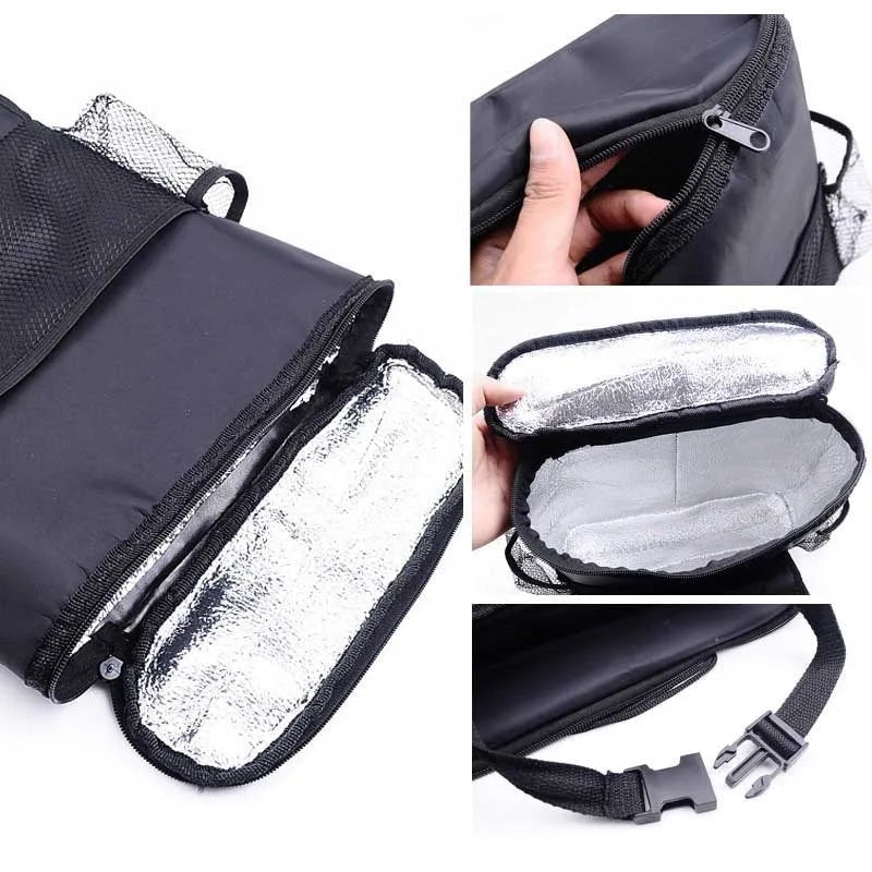 Black Oxford cloth thermal car seat back organizer with insulation aluminium foil, hanging storage bag