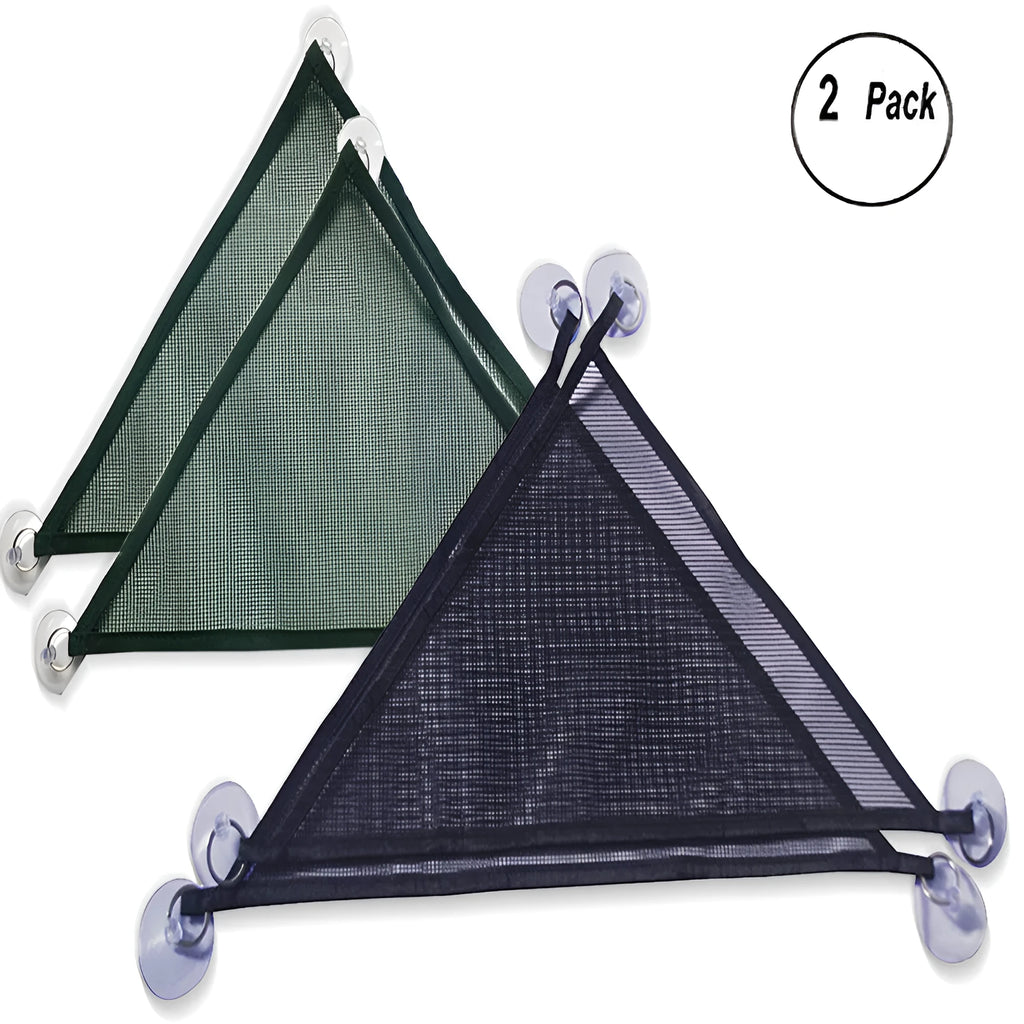 Set of two reptile hammocks in green with sucker mounts, placed at angles inside a glass terrarium