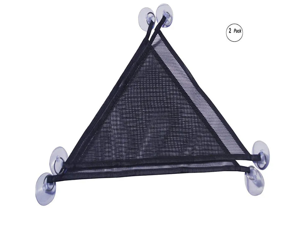 Set of two reptile hammocks in green with sucker mounts, placed at angles inside a glass terrarium