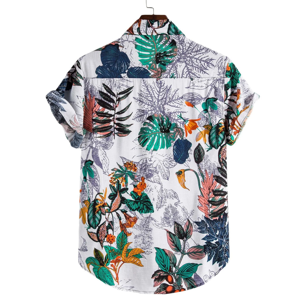 Men's plus size floral cotton shirt with short sleeves, loose fit and stand-up collar in flower colour