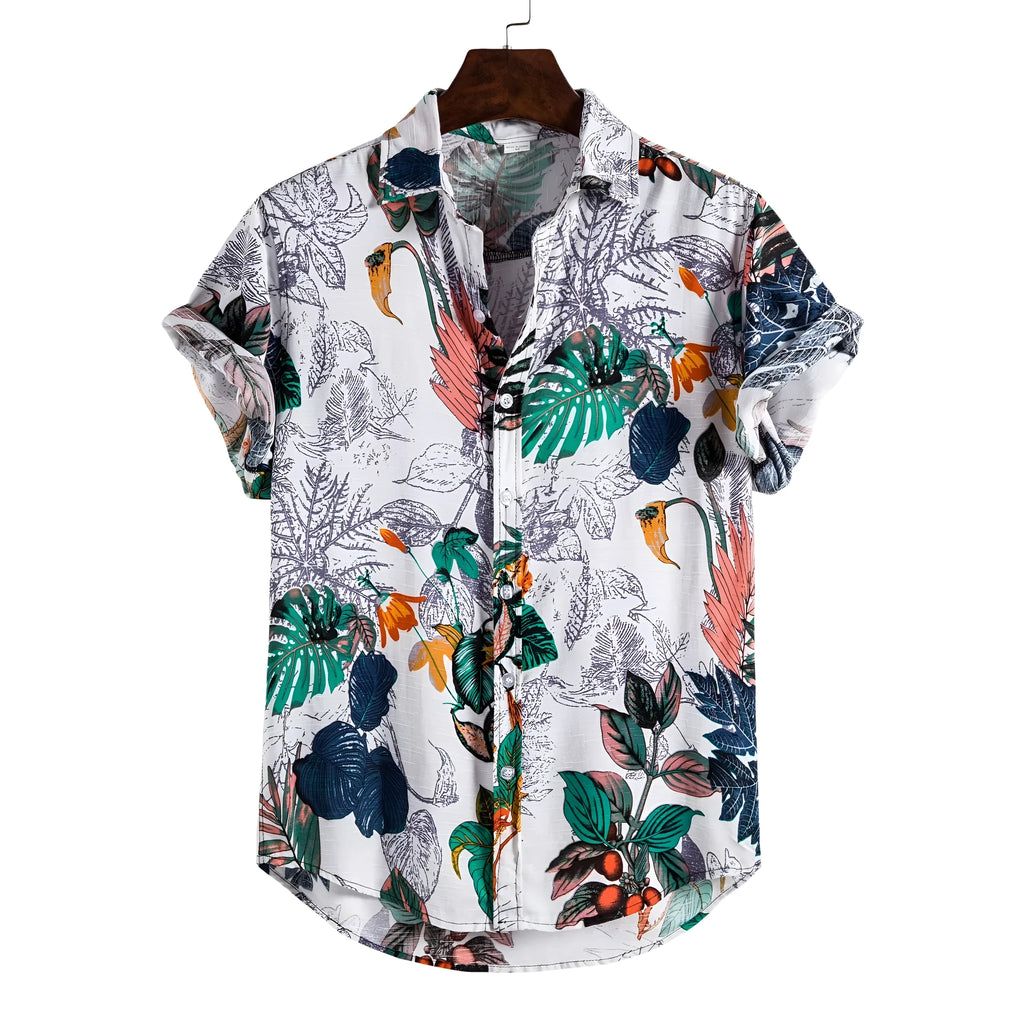 Men's plus size floral cotton shirt with short sleeves, loose fit and stand-up collar in flower colour