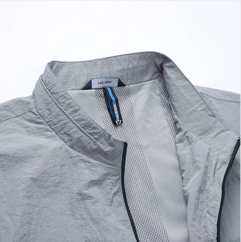 Men's blue summer sunscreen polyester shirt showing fashion city style with thin fabric construction