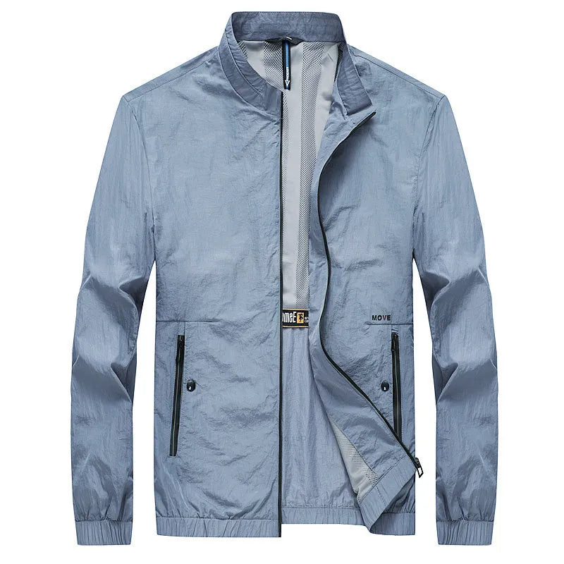 Men's blue summer sunscreen polyester shirt showing fashion city style with thin fabric construction