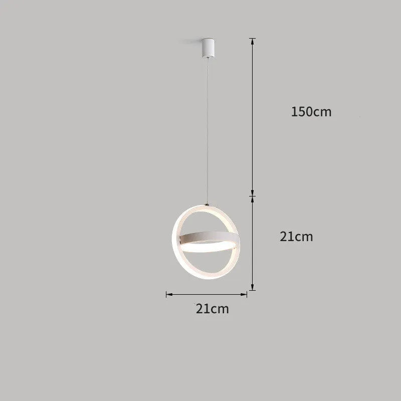 Black minimalist iron chandelier with remote control on a wooden bedside table.