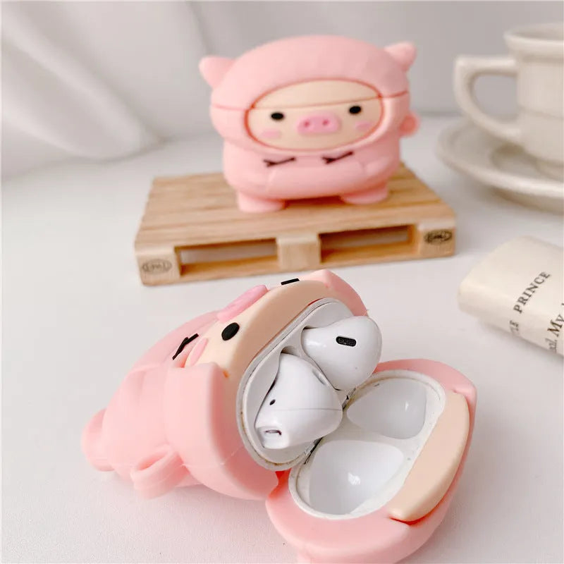 Pink pig cartoon design silicone AirPods case cover compatible with AirPods 1, 2 and Pro models