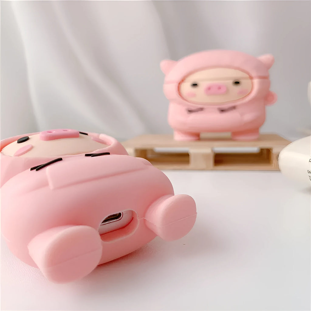 Pink pig cartoon design silicone AirPods case cover compatible with AirPods 1, 2 and Pro models