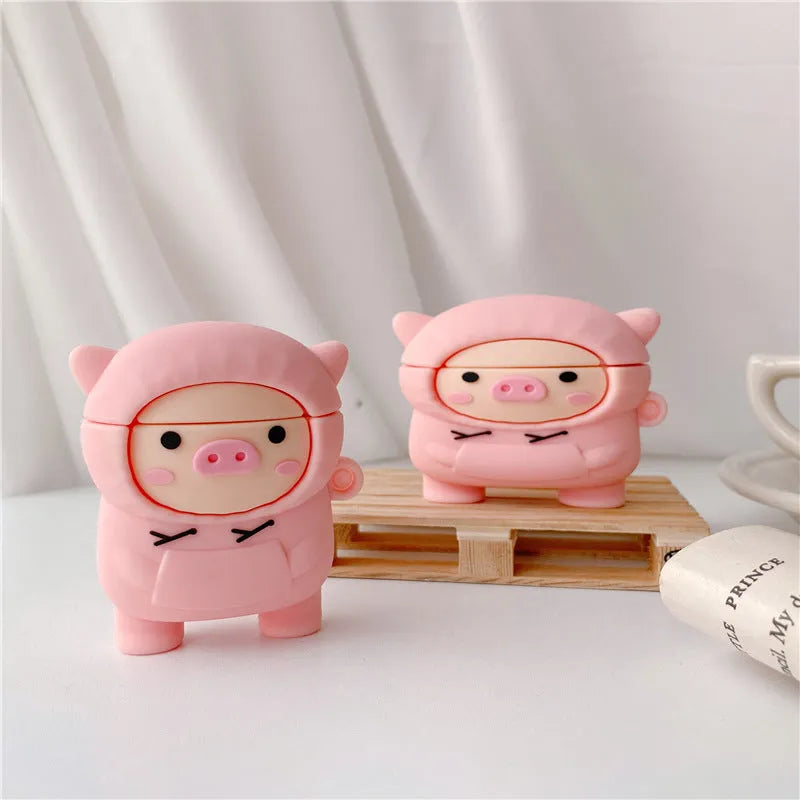 Pink pig cartoon design silicone AirPods case cover compatible with AirPods 1, 2 and Pro models