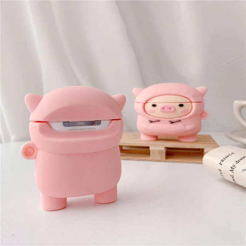 Pink pig cartoon design silicone AirPods case cover compatible with AirPods 1, 2 and Pro models