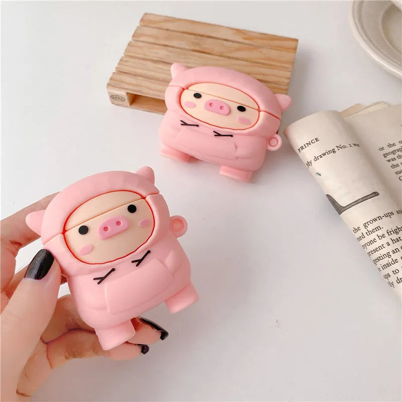 Pink pig cartoon design silicone AirPods case cover compatible with AirPods 1, 2 and Pro models