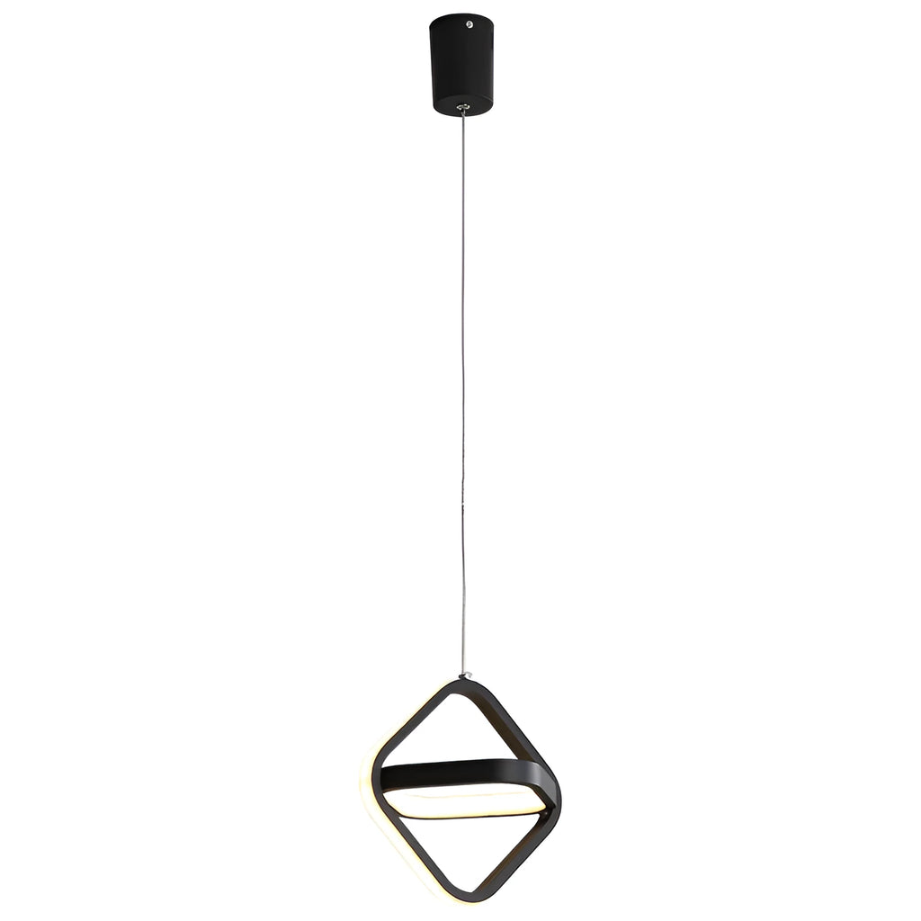 Black minimalist iron chandelier with remote control on a wooden bedside table.