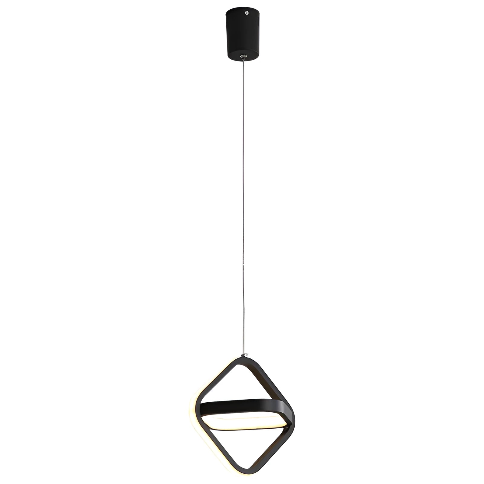 Black minimalist iron chandelier with remote control on a wooden bedside table.