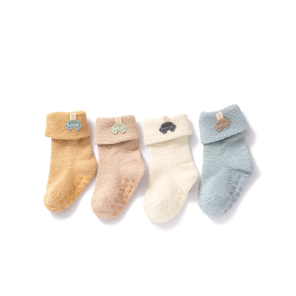 Set of 4 baby socks in mixed colours with velvet keep warm feature and non-slip sole