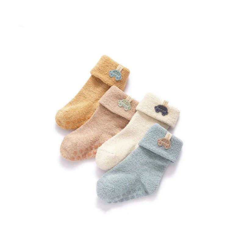 Set of 4 baby socks in mixed colours with velvet keep warm feature and non-slip sole