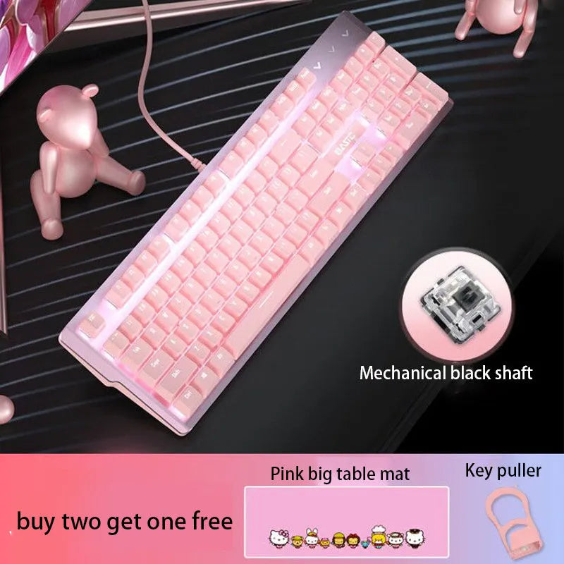 Pink wired mechanical keyboard with white light and USB mouse set, available with blue, black, red, or green axis and cat claw or pink mouse