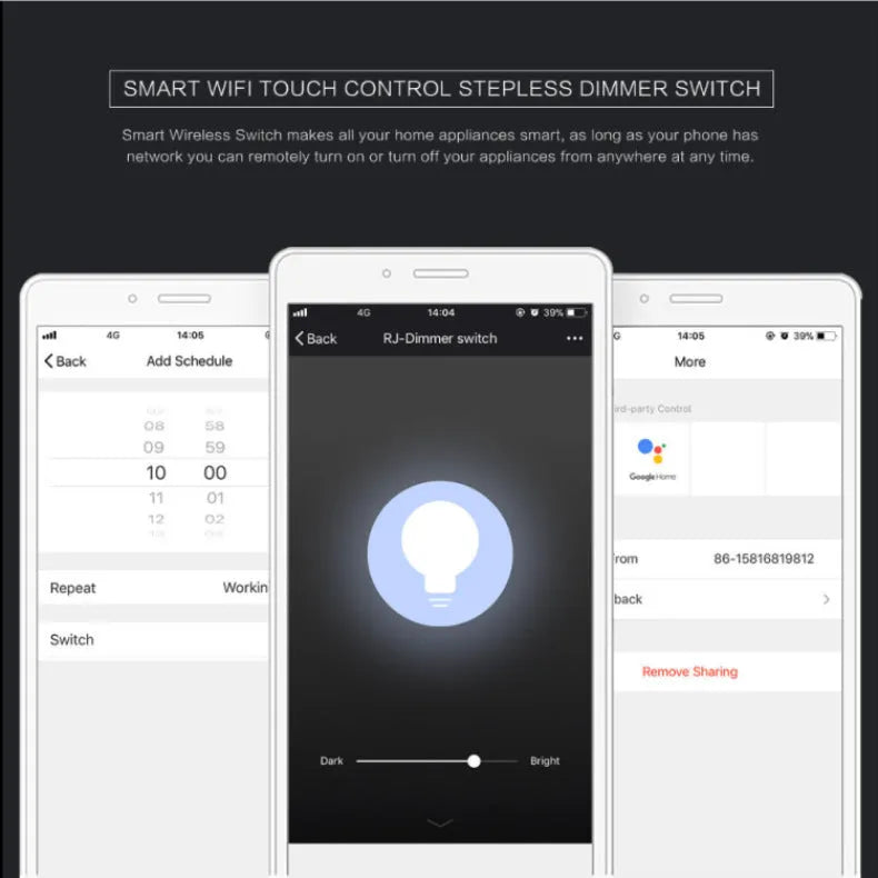 120 Type Wi-Fi smart dimmer switch with touch glass panel in black or white colour.