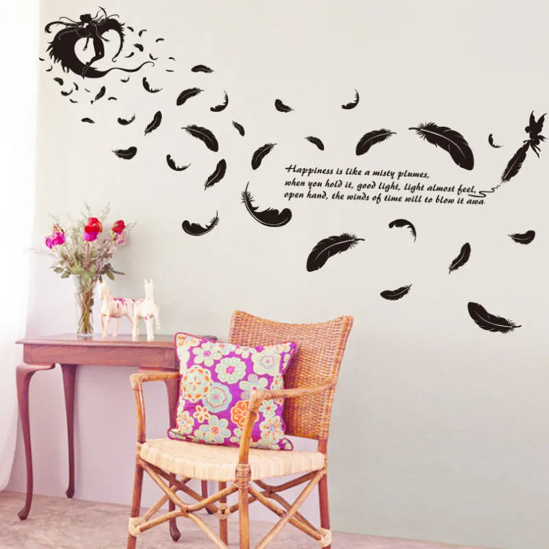 Black feather angel three generations removable wall sticker measuring 50cm by 70cm