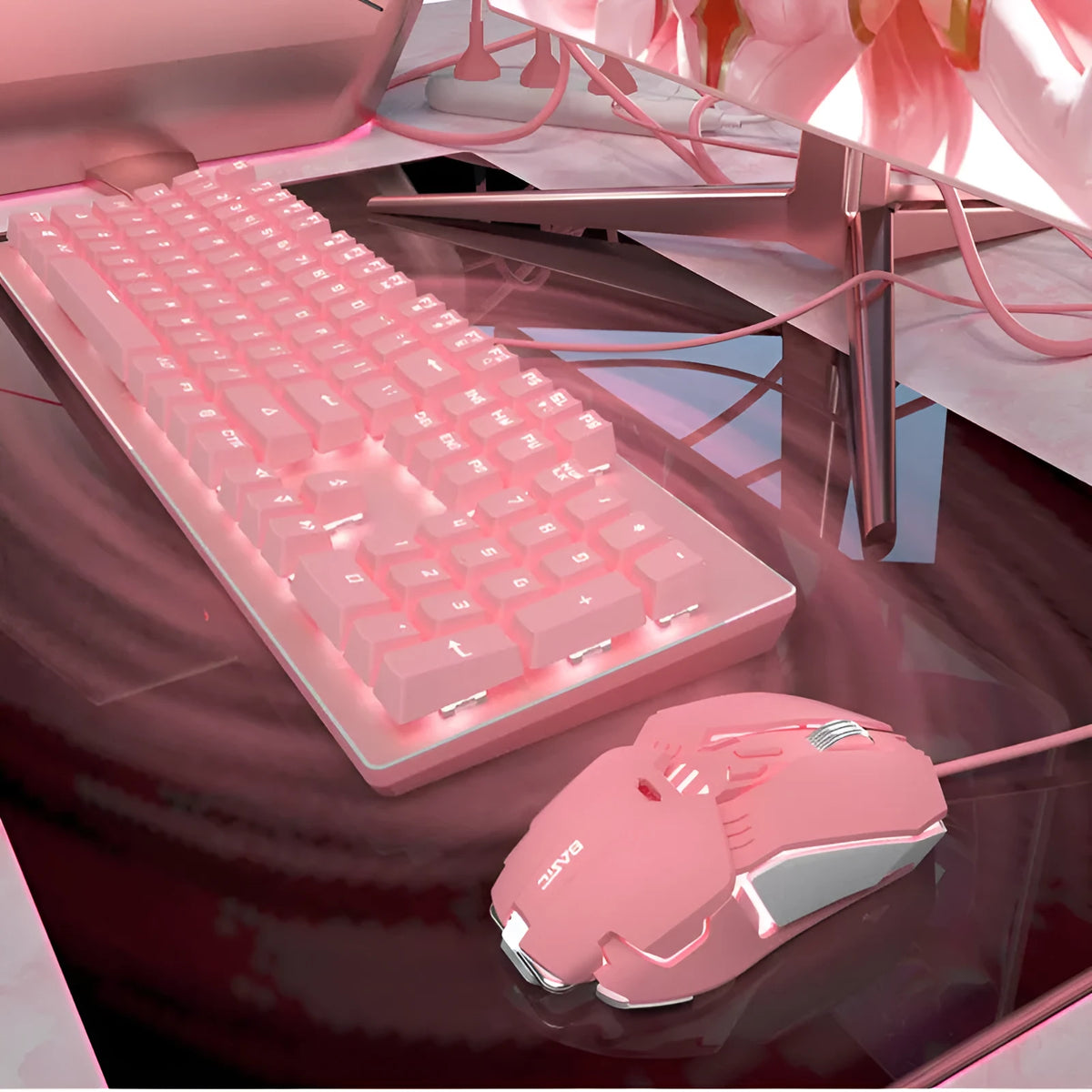 Pink wired mechanical keyboard with white light and USB mouse set, available with blue, black, red, or green axis and cat claw or pink mouse