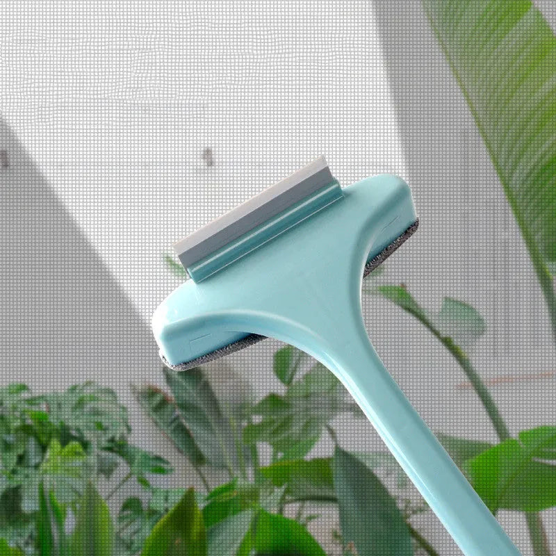 Window screen cleaning tool with detachable brush head and gap brush accessory in blue colour