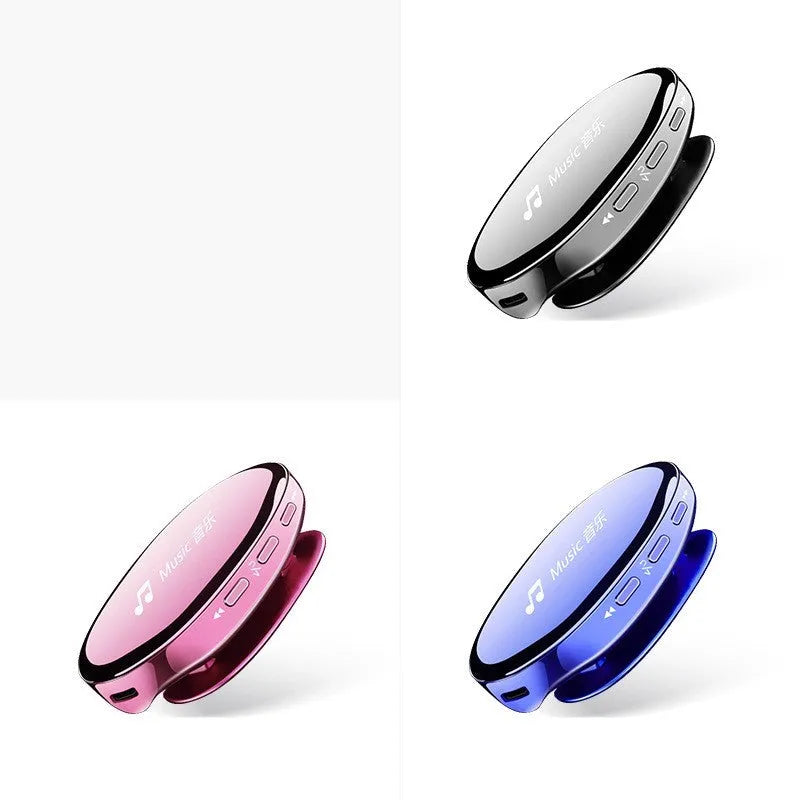 Blue Bluetooth MP4 music player with OLED screen showing music playback interface
