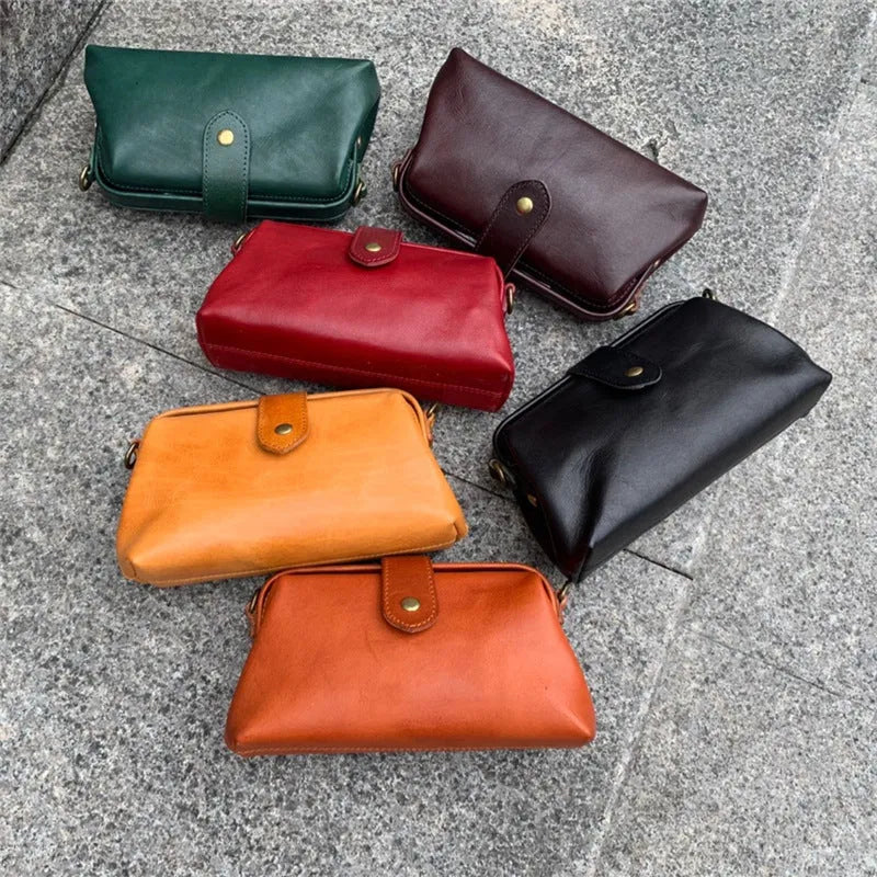 Clementine leather pillow-shape purse, 22cm x 12cm x 6cm, with single strap, cover closure, zip pocket, and phone bag.