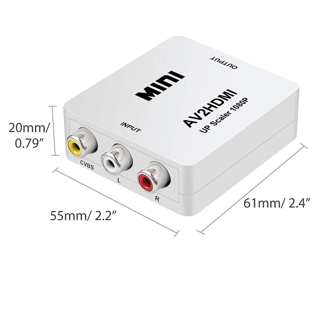 Compact black and white AV to HDMI video converter with 0.5 metre cable for 1080p signal conversion.
