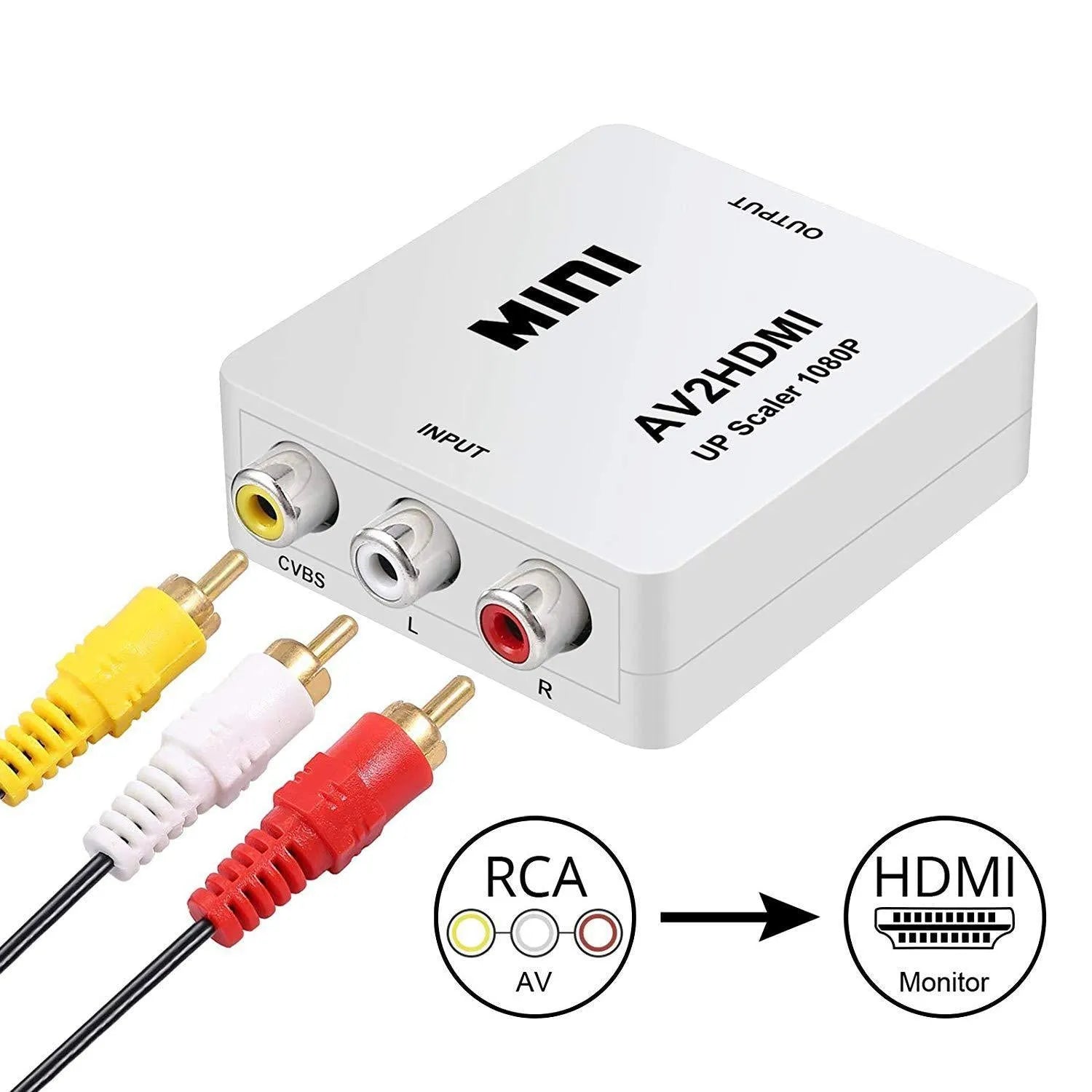 Compact black and white AV to HDMI video converter with 0.5 metre cable for 1080p signal conversion.