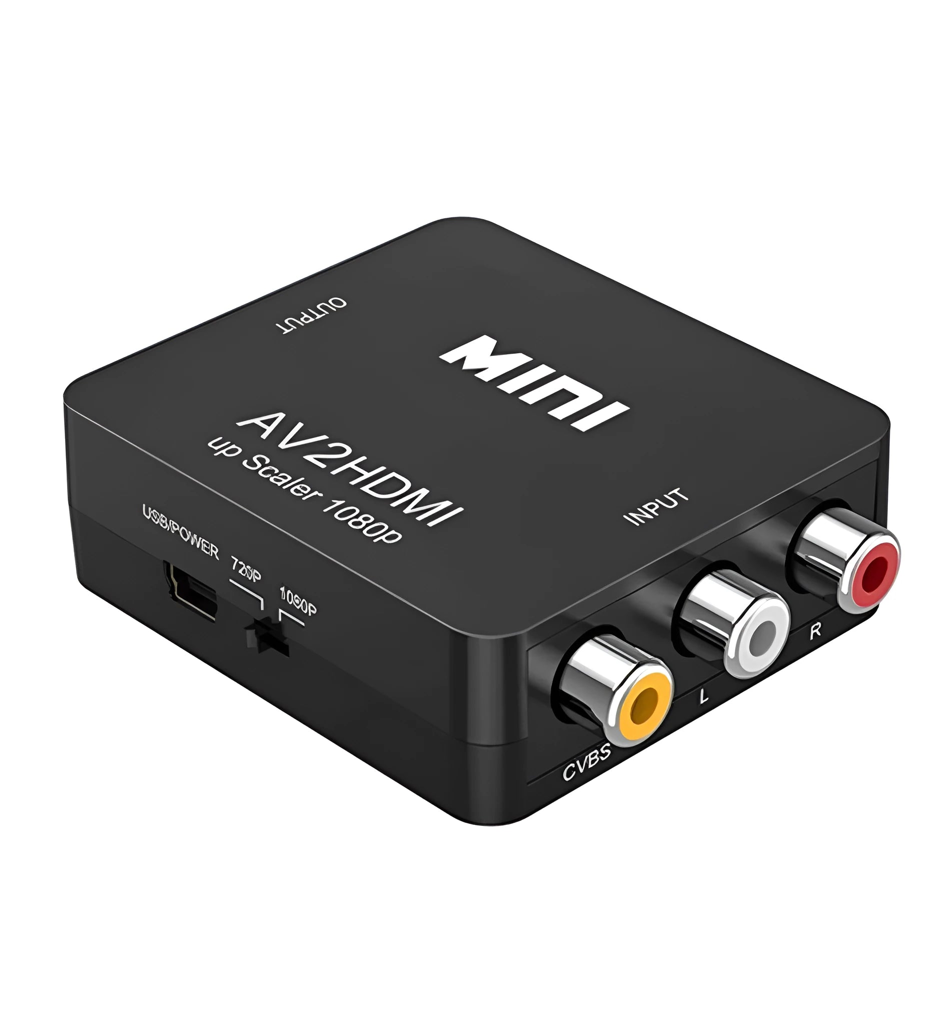 Compact black and white AV to HDMI video converter with 0.5 metre cable for 1080p signal conversion.