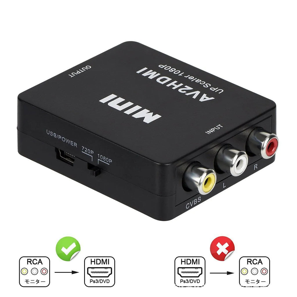 Compact black and white AV to HDMI video converter with 0.5 metre cable for 1080p signal conversion.