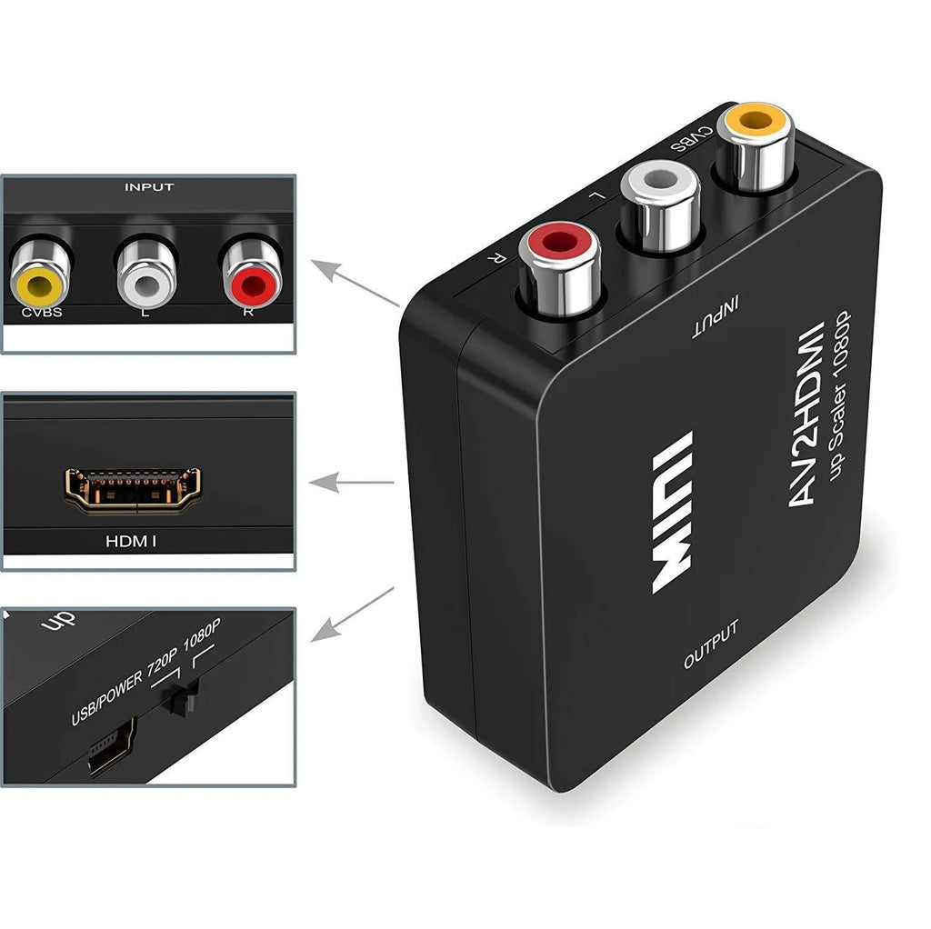 Compact black and white AV to HDMI video converter with 0.5 metre cable for 1080p signal conversion.