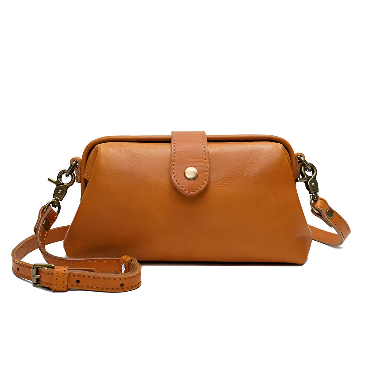 Clementine leather pillow-shape purse, 22cm x 12cm x 6cm, with single strap, cover closure, zip pocket, and phone bag.