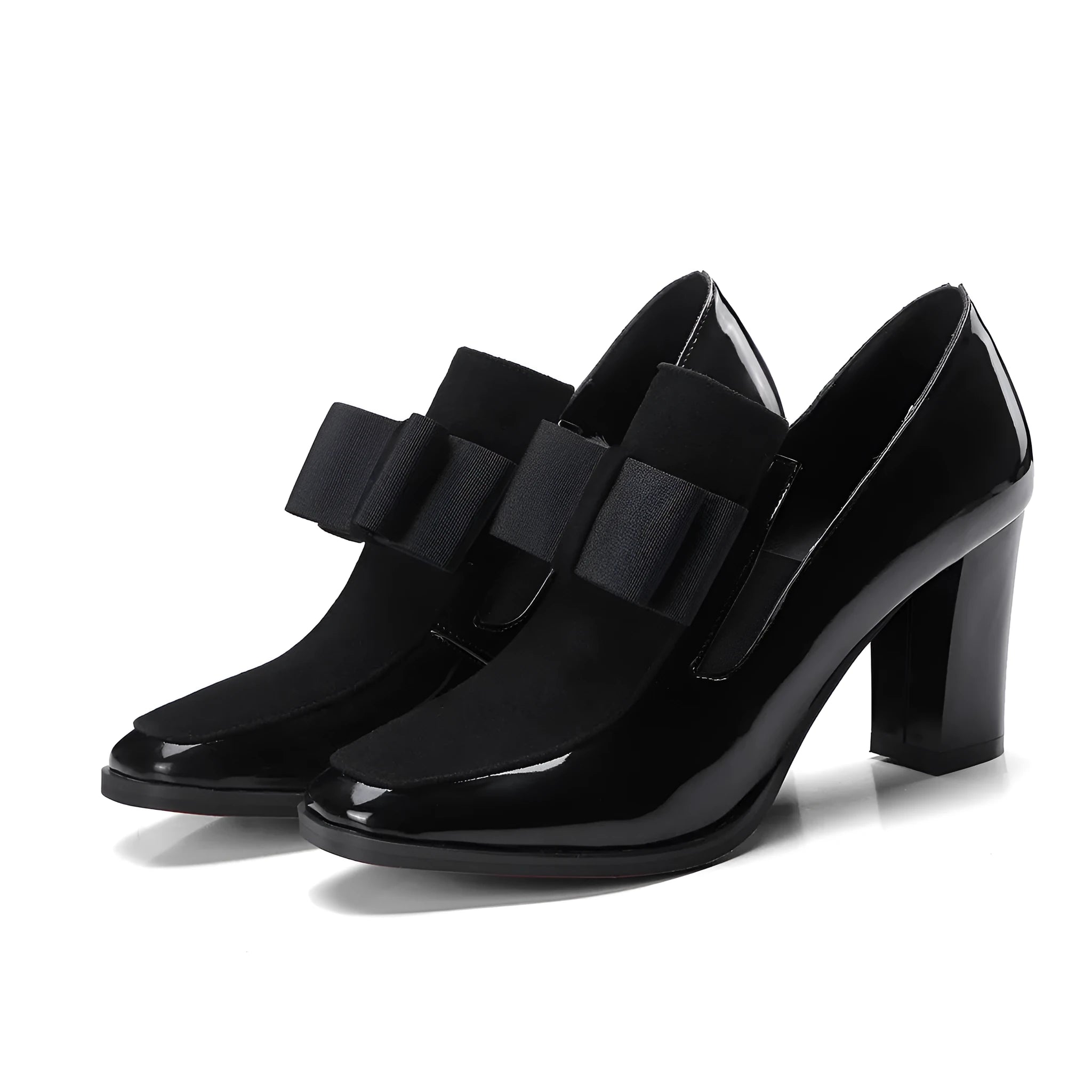 Black leather women's high heel shoes with a thick block heel and square toe, showing patent leather finish.