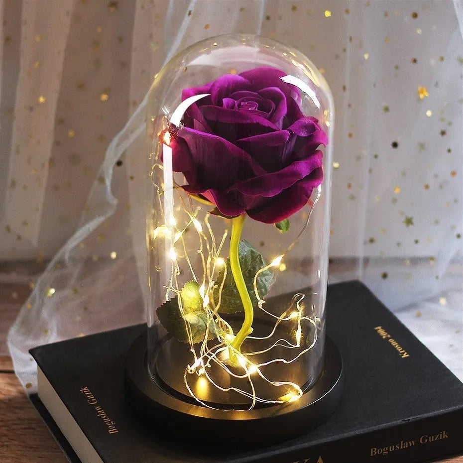 LED illuminated artificial rose bouquet with glass cover in multiple colour options