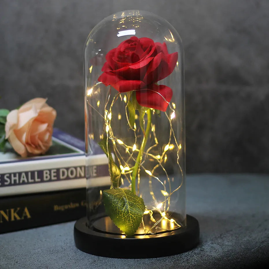 LED illuminated artificial rose bouquet with glass cover in multiple colour options